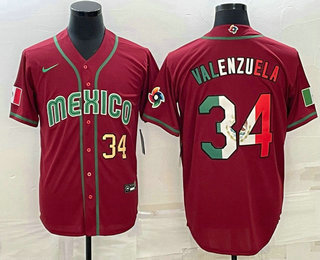 Men%27s Mexico Baseball #34 Fernando Valenzuela Number 2023 Red Blue World Baseball Classic Stitched Jersey3